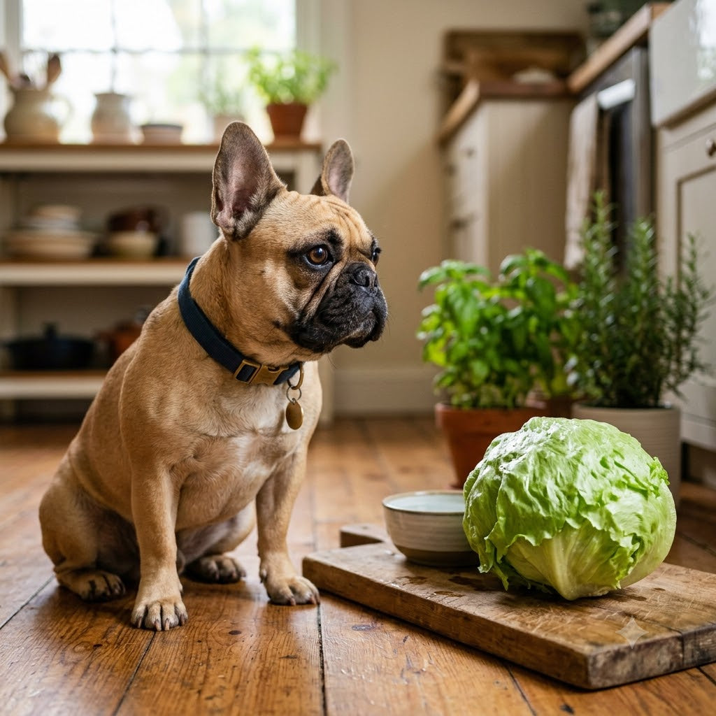 A fawn French Bulldog wearing a blue collar sits attentively on a wooden floor in a rustic kitchen, looking directly at a whole head of iceberg lettuce resting on a wooden cutting board.