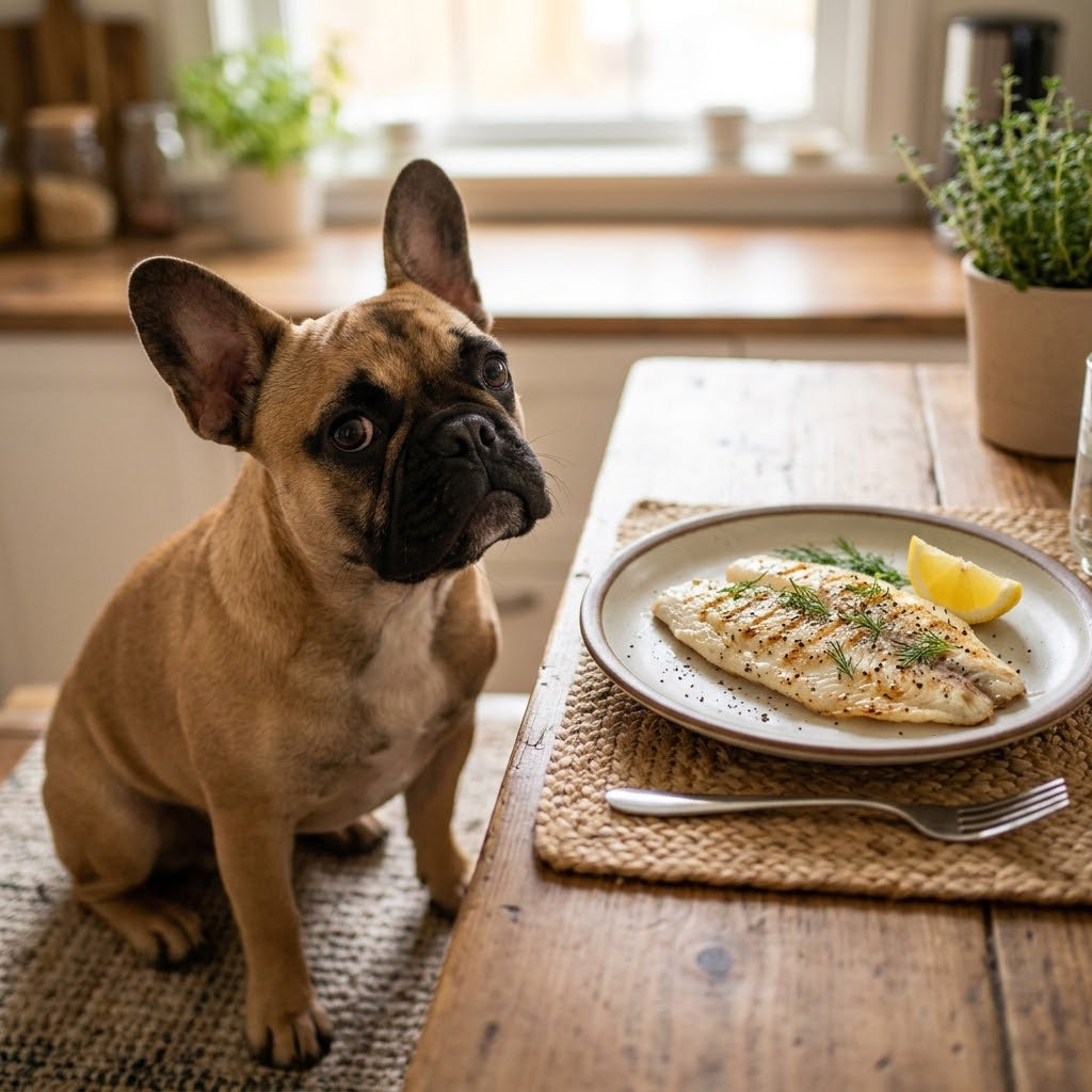 A French Bulldog is looking intently with a curious expression at a cooked fillet of tilapia fish served on a white ceramic plate with a lemon wedge and herb.