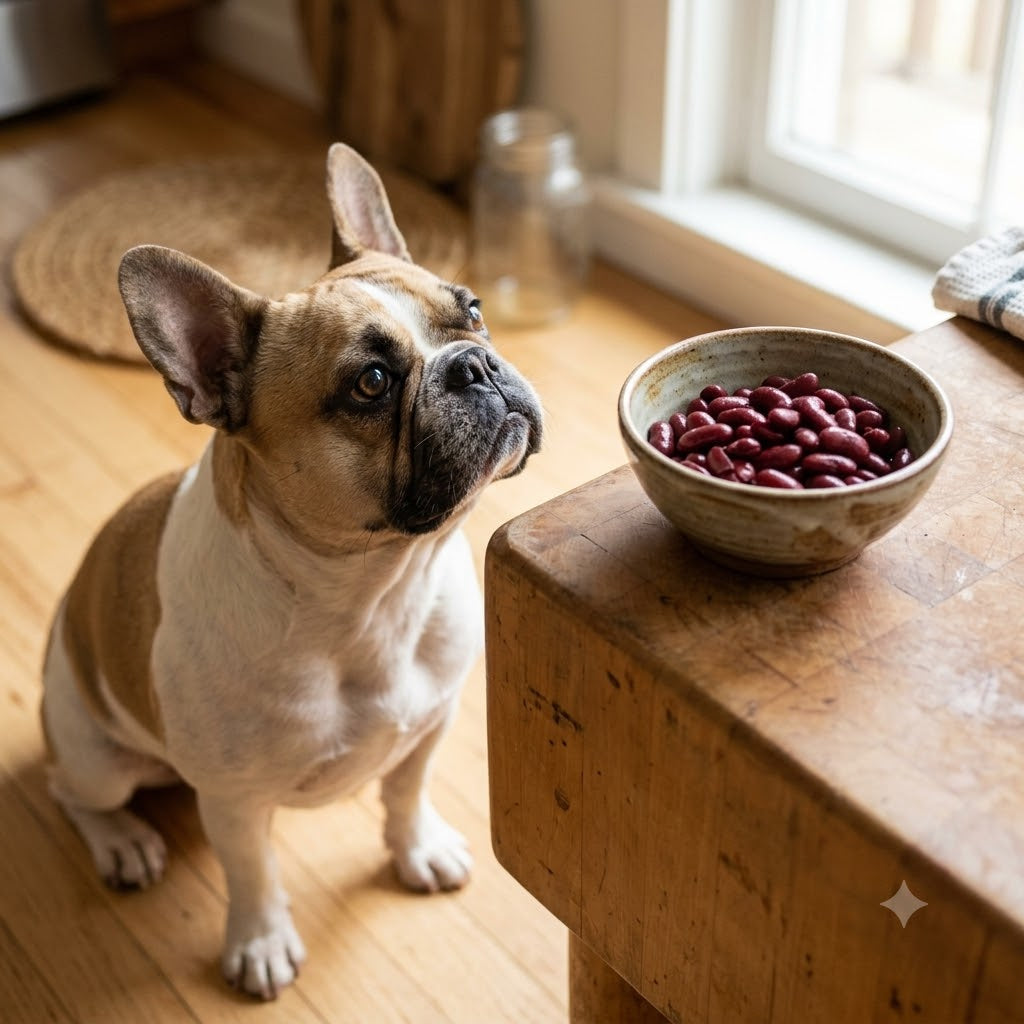 A fawn and white French Bulldog, sitting on a wooden floor, stares intensely and curious up at a rustic ceramic bowl filled with cooked red kidney beans