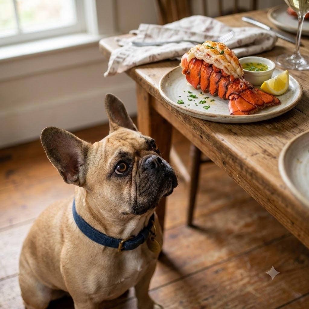 A fawn French Bulldog sitting on a wooden floor looks up longingly at a prepared plate of lobster tail with butter sauce and a lemon wedge on a wooden dining table.
