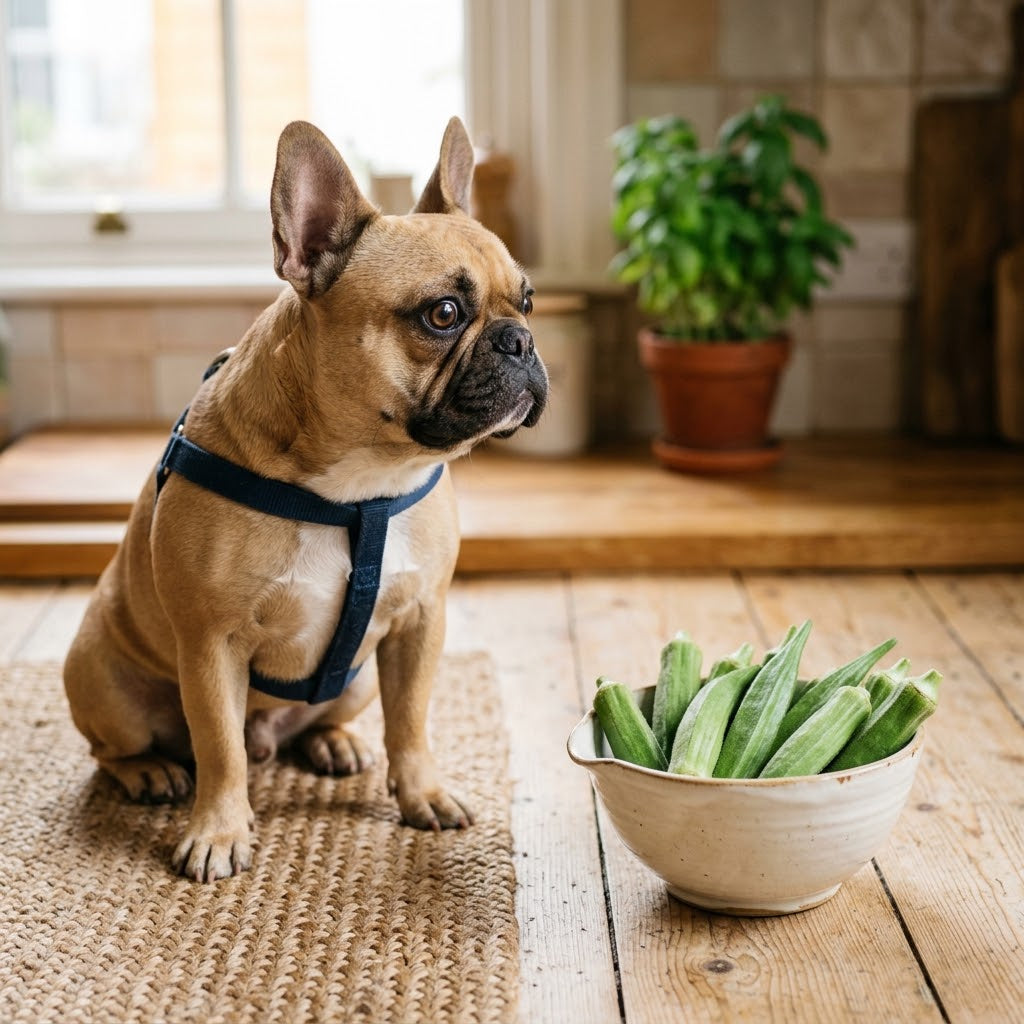 Fawn French Bulldog in a blue harness sits on a round, woven natural fiber mat, gazing attentively at a speckled ceramic bowl filled with fresh green okra.