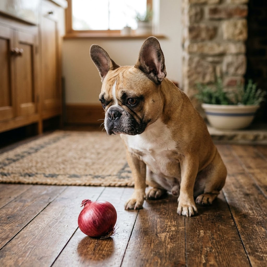 A fawn and white French Bulldog sitting on a rustic wooden floor, looking intently with a curious and focused gaze at a single raw red onion.