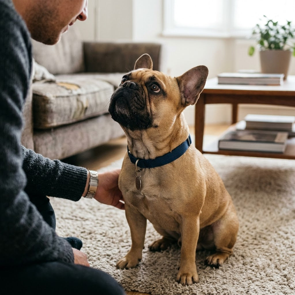 A natural, heartwarming square photo of a fawn French Bulldog sitting indoors, looking up with direct, soulful eyes at its off-camera owner.
