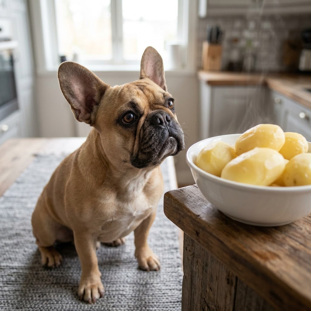 A fawn French Bulldog sitting on a grey woven mat in a bright kitchen, gazing intently at a white ceramic bowl filled with steamed, peeled potatoes on a wooden countertop.