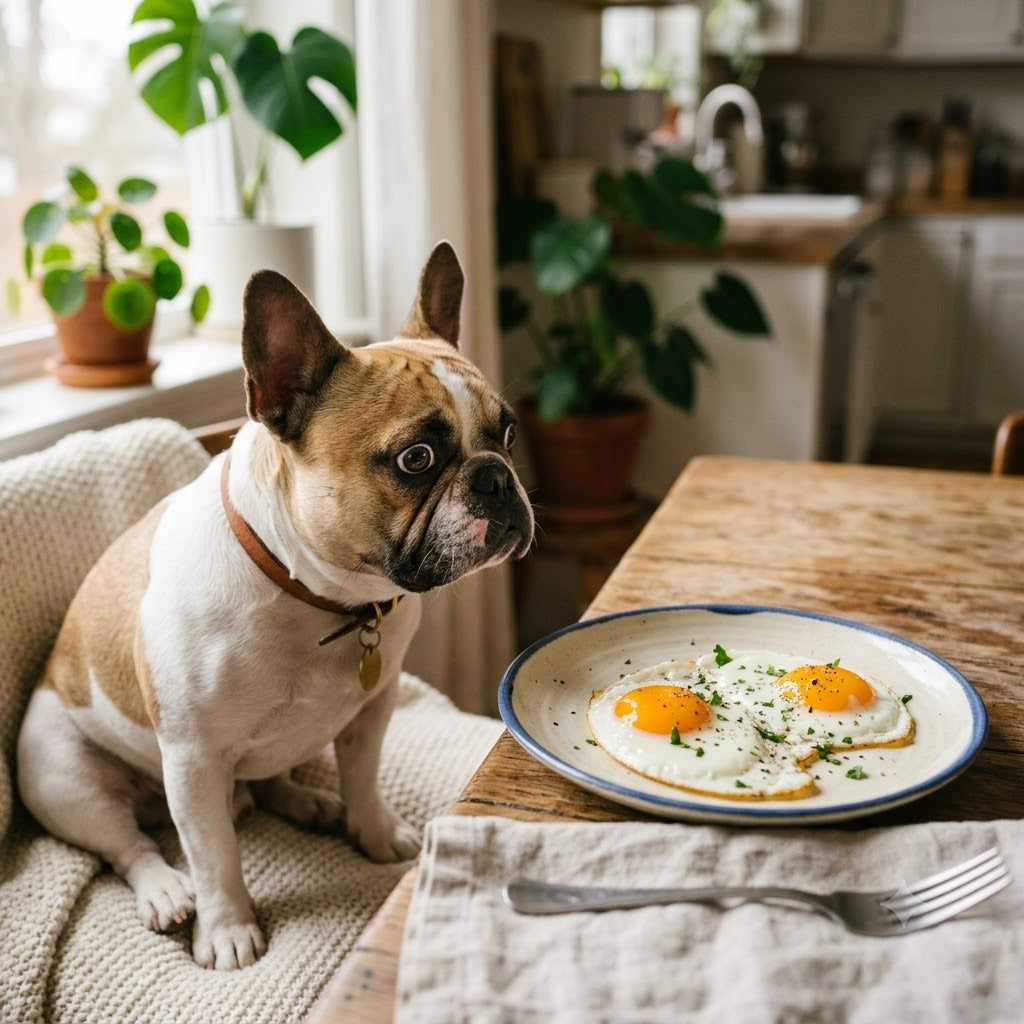 A square photograph capturing a fawn and white French Bulldog sitting patiently on a textured blanket, eagerly staring at a ceramic plate with two sunny-side-up fried eggs resting on a rustic wooden table in a sunlit room.