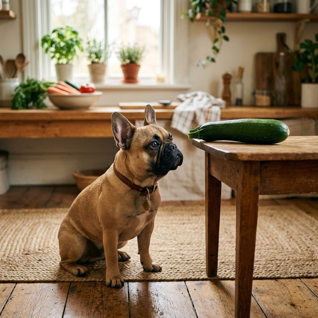A square photograph captures an adorable fawn-colored French Bulldog sitting on a rustic wooden floor and staring intently at a large green zucchini resting on a small wooden table.