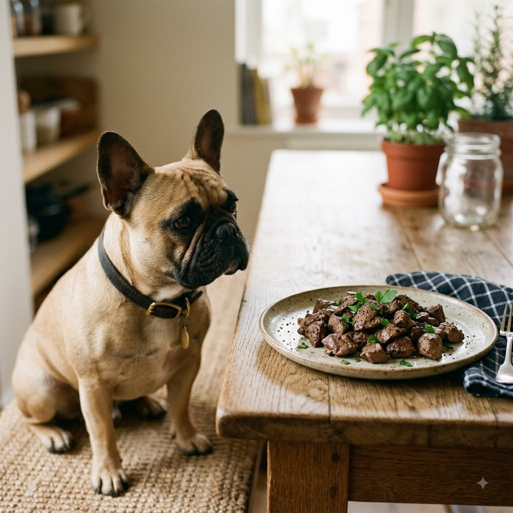 A fawn-colored French Bulldog with alert eyes is seated on a rustic rug, gazing intently at a ceramic plate filled with bite-sized pieces of cooked lamb's liver