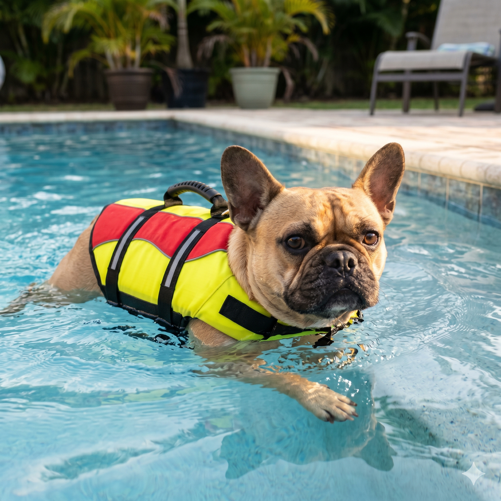 A square close-up photograph (1:1 aspect ratio) of a generic, happy fawn-colored French Bulldog swimming vigorously in a sparkling blue outdoor swimming pool.