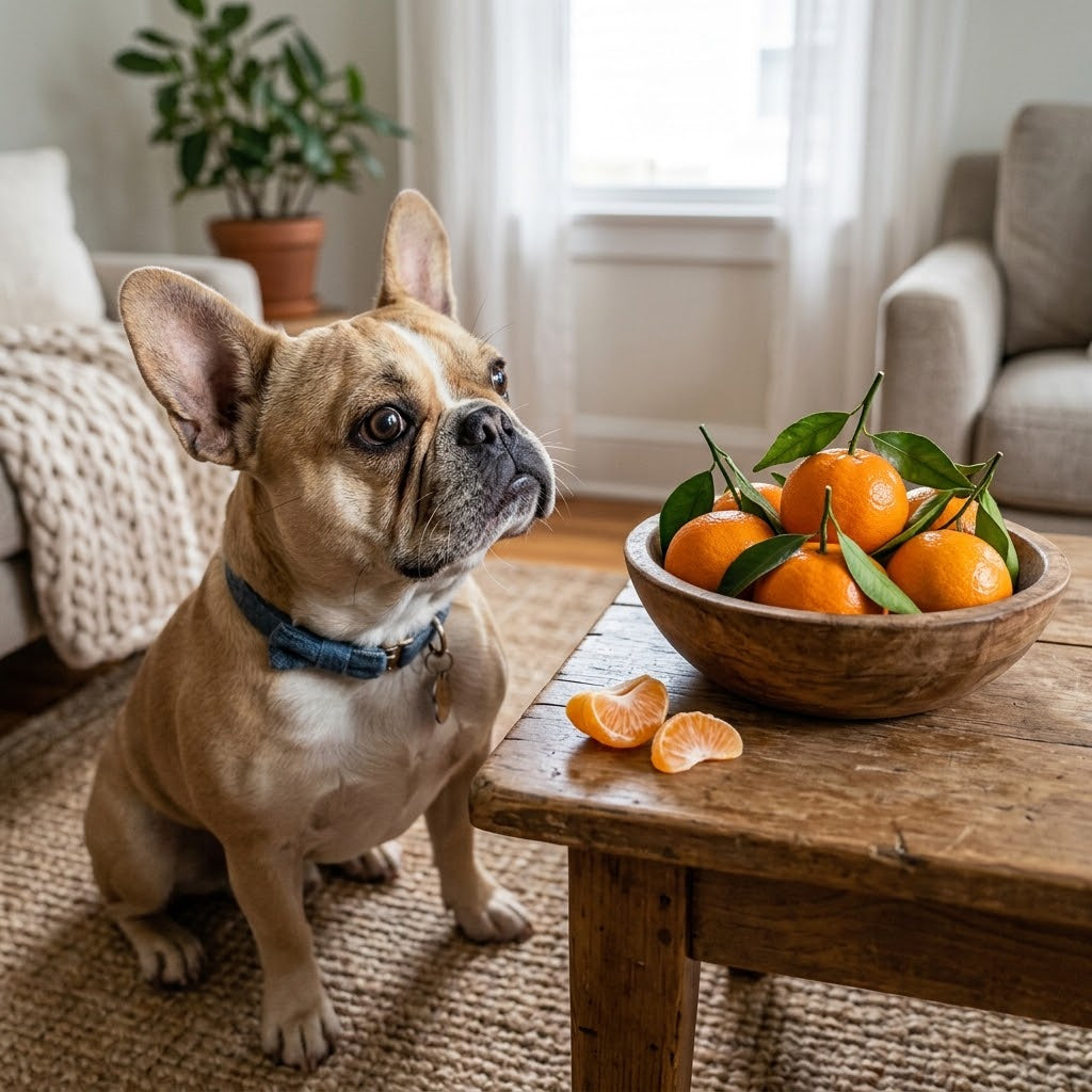 A fawn-colored French Bulldog sits patiently on a jute rug, gazing curiously at a rustic wooden bowl filled with fresh tangerines.
