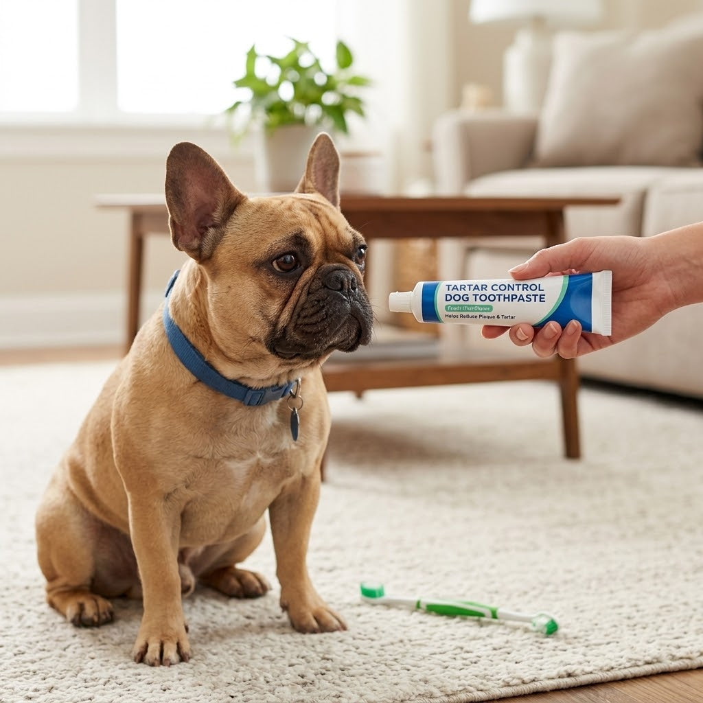 A fawn French Bulldog sitting on a rug, looking curiously at a tube of unbranded tartar control dog toothpaste held by a person.