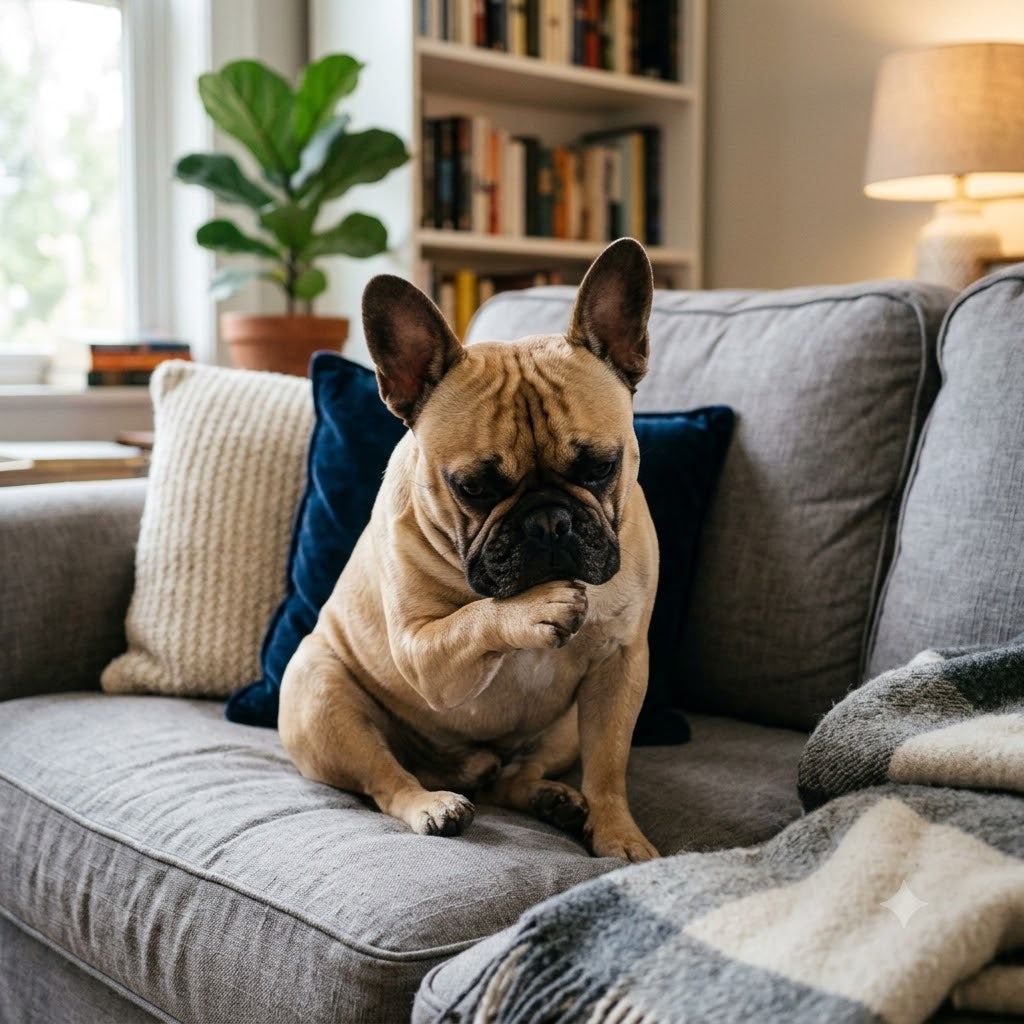 A 1:1 square photograph of a fawn French Bulldog sitting on a grey couch, deeply posed like Rodin's 'The Thinker' statue.