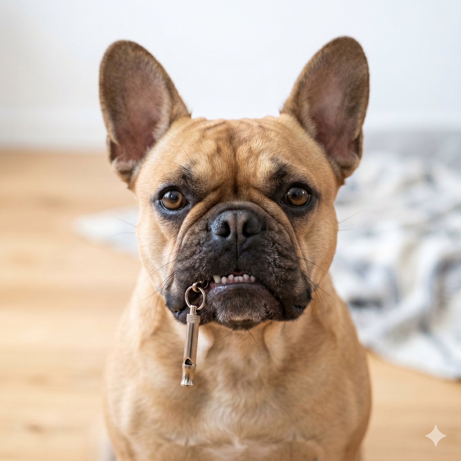 A close-up, 1:1 square photo of a fawn-colored French Bulldog looking directly at the camera with a "silent" high-pitched training whistle on a black lanyard around its neck.