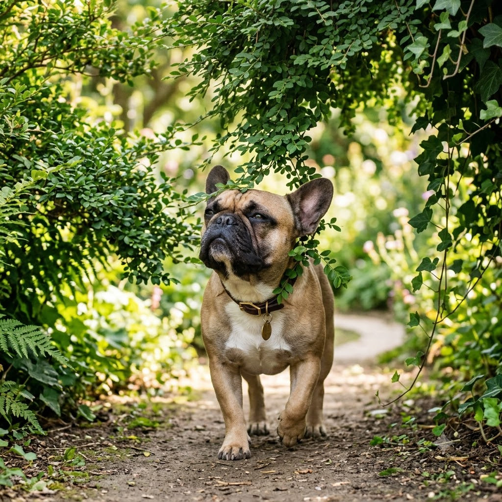 A square (1:1) candid photograph capturing a fawn and white French Bulldog, named Luna, deeply absorbed in "trancing."