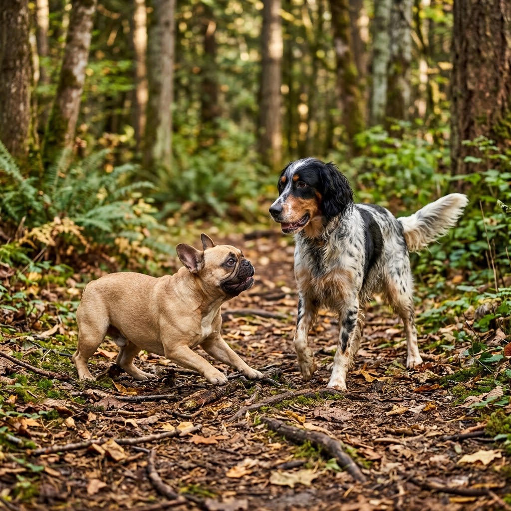 A square photograph of a dynamic and playful encounter between a fawn French Bulldog and a tri-color English Setter on a leaf-strewn forest floor.