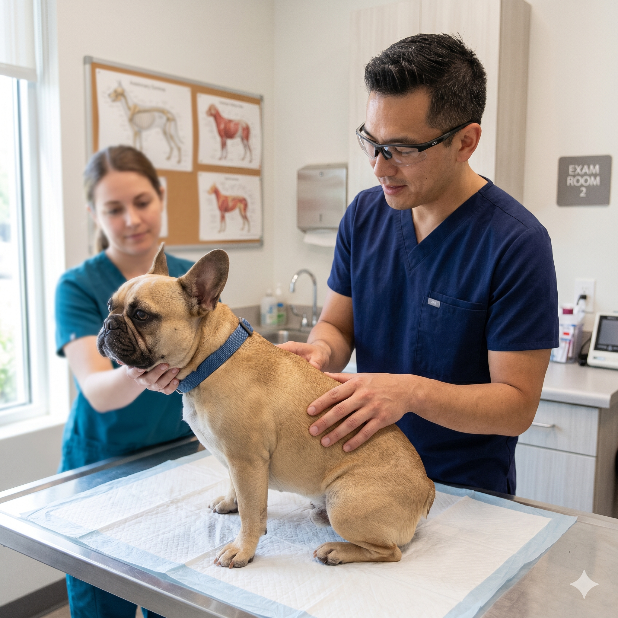 A male veterinarian wearing navy blue scrubs and clear safety glasses examines the back of a fawn French Bulldog sitting on a white pad atop a stainless steel examination table.
