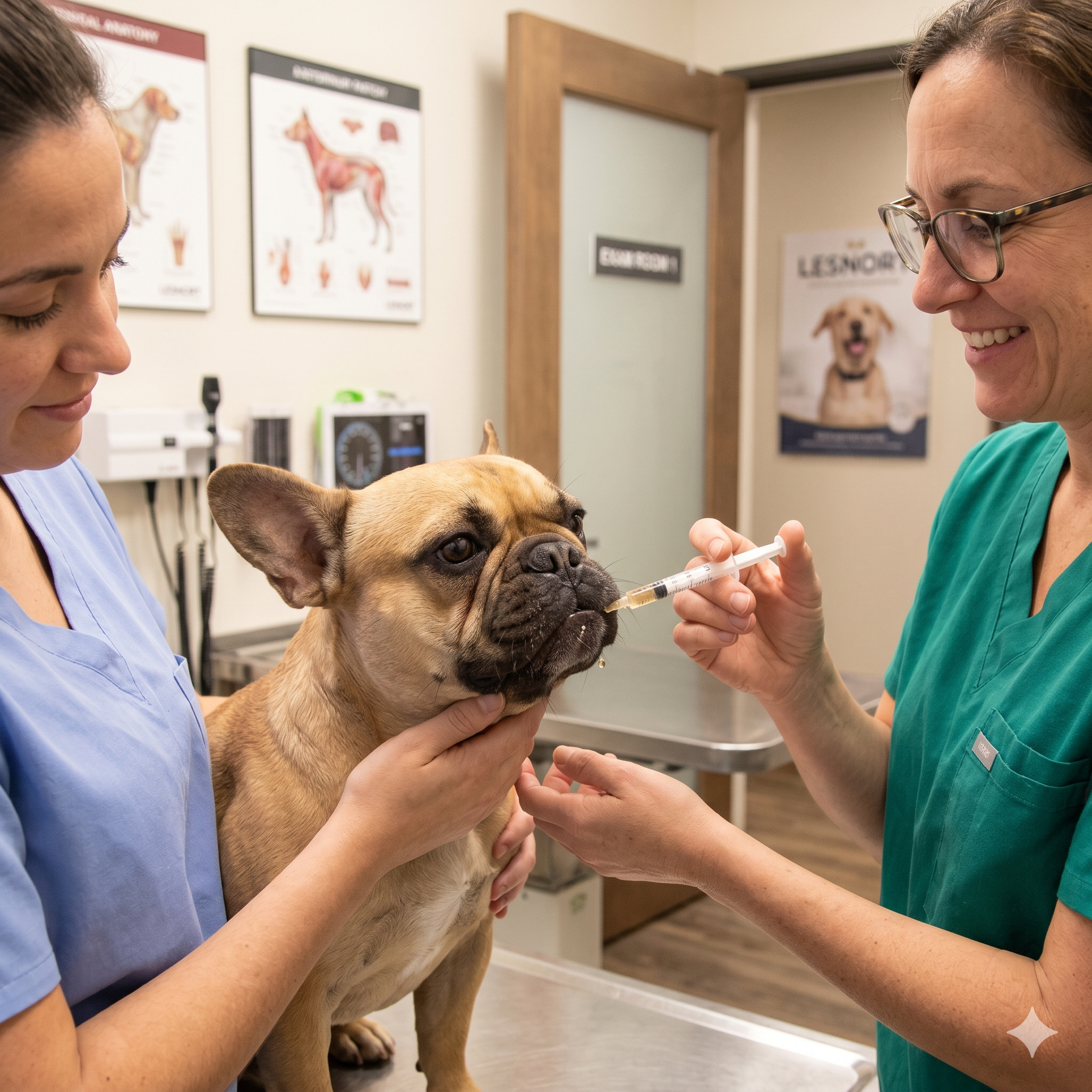 A caring close-up 1:1 photograph of a fawn-colored French bulldog receiving a dose of arthritis medicine via an oral syringe from a veterinarian and a veterinary technician in a clean, modern exam room.