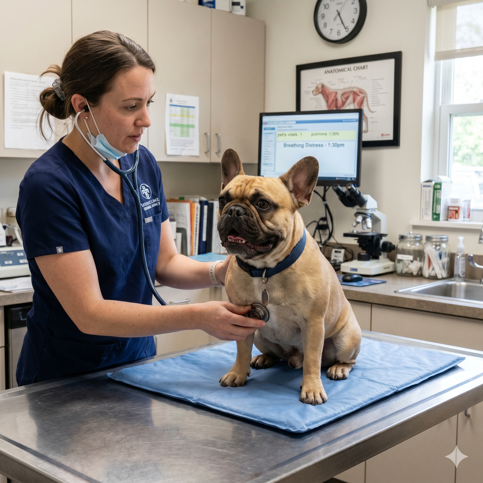 0A female veterinarian in navy blue scrubs uses a stethoscope to listen to the chest of a fawn French Bulldog.