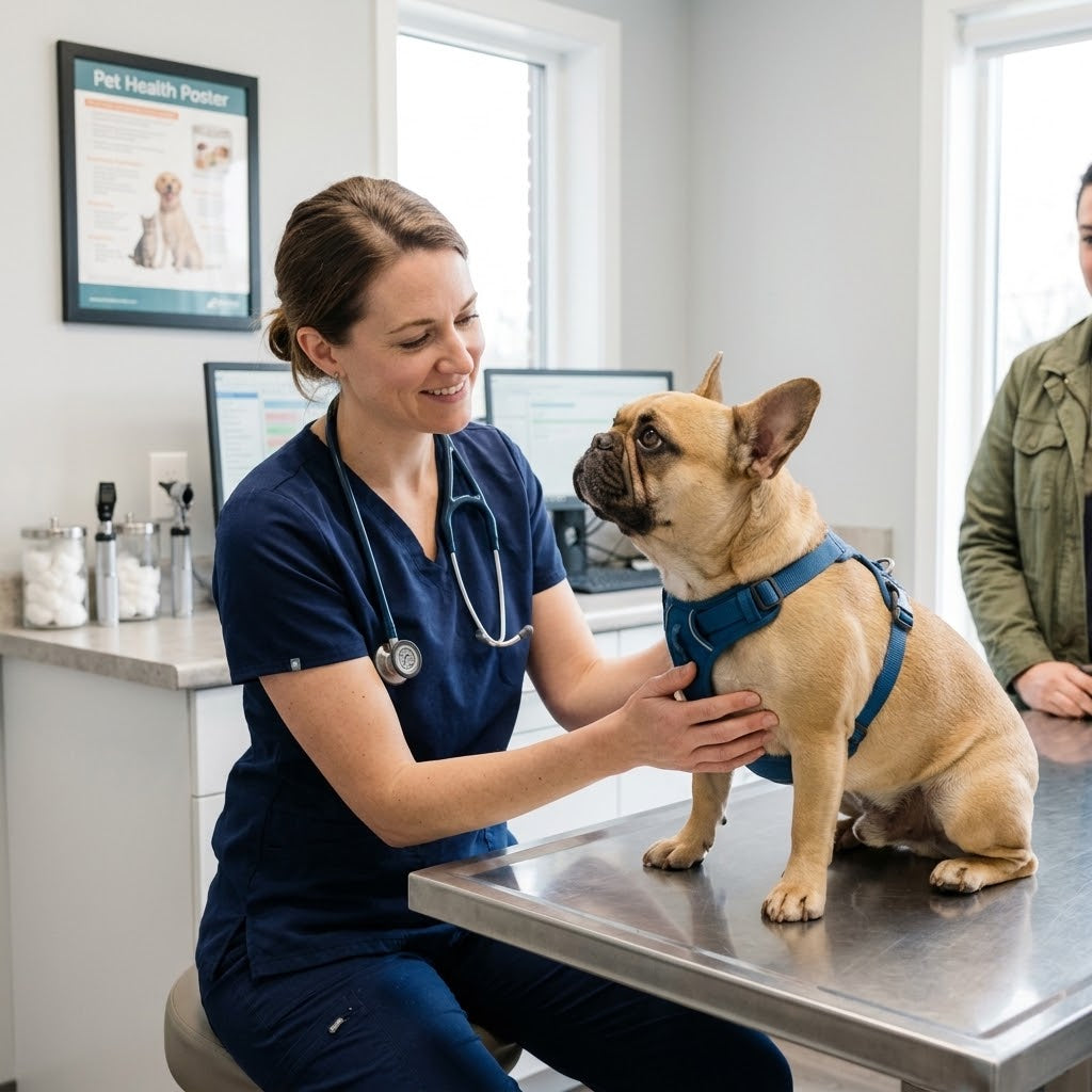 A female veterinarian in blue scrubs smiles while gently examining a fawn-colored French Bulldog on a metal exam table inside a veterinary clinic.