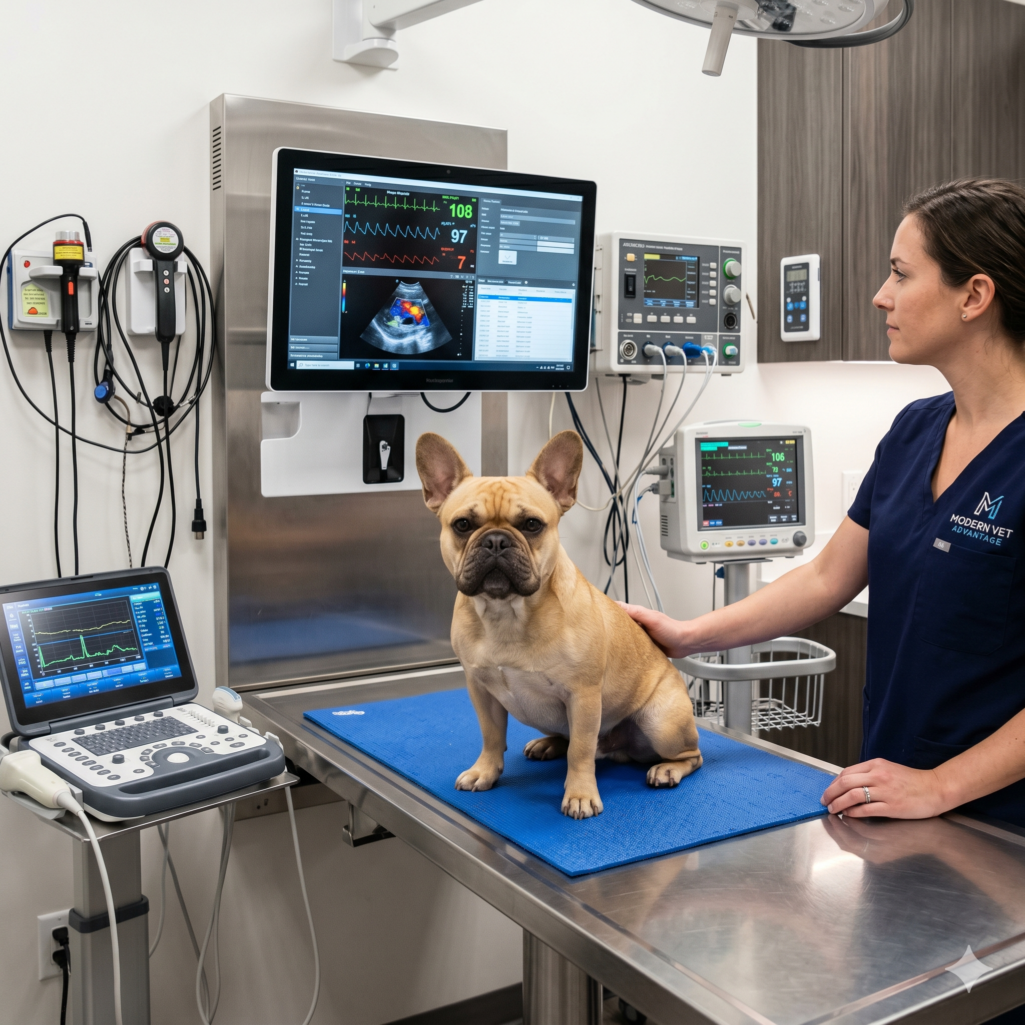 A wide-angle photograph taken in a veterinary treatment room. A fawn French Bulldog sits facing the camera on a stainless steel examination table on a blue textured mat.