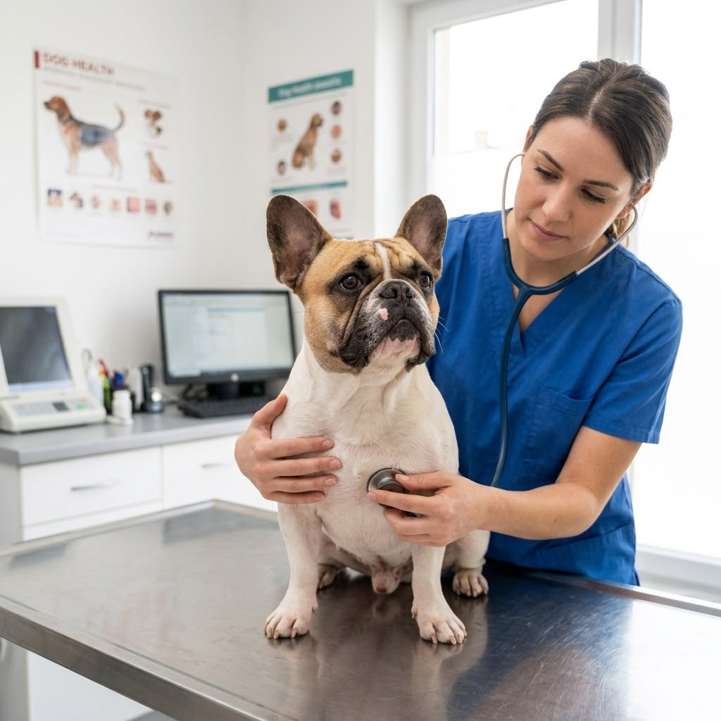 A square photograph taken inside a veterinary clinic exam room. A fawn and white French Bulldog with large bat ears sits calmly on a stainless steel examination table.