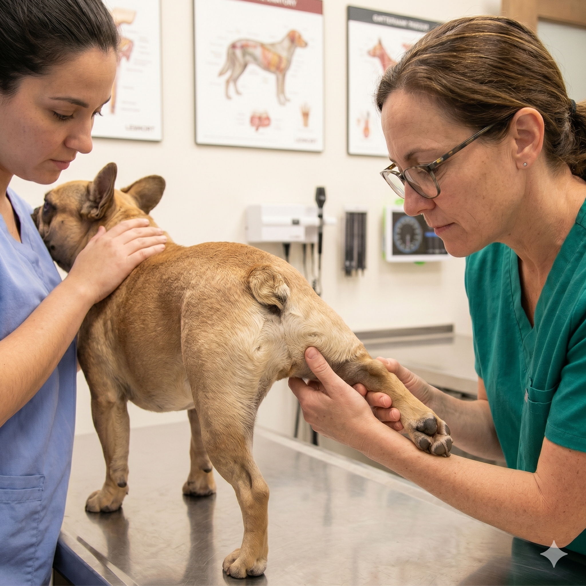 A square close-up photograph in a modern veterinary clinic, focusing on a fawn-colored French Bulldog back legs on an examination table.