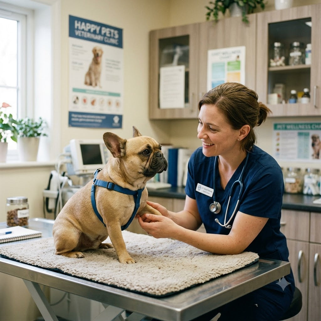 A smiling female veterinarian, with her hair in a bun and wearing blue scrubs with a stethoscope, sits and examines the front left paw of a small fawn French Bulldog.
