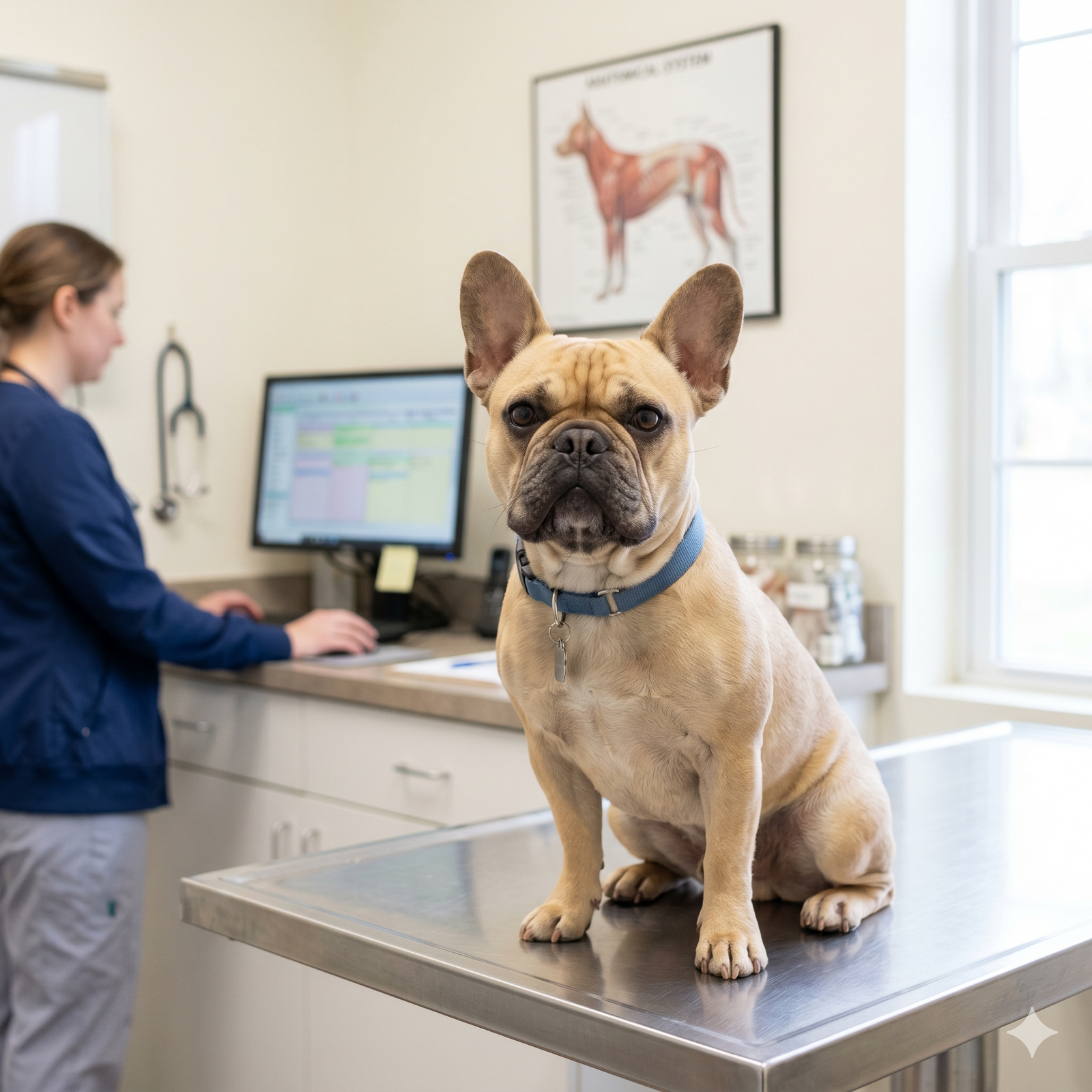 A 1:1 square photograph of a fawn-colored French Bulldog seated patiently on a stainless steel examination table inside a clean veterinary office.
