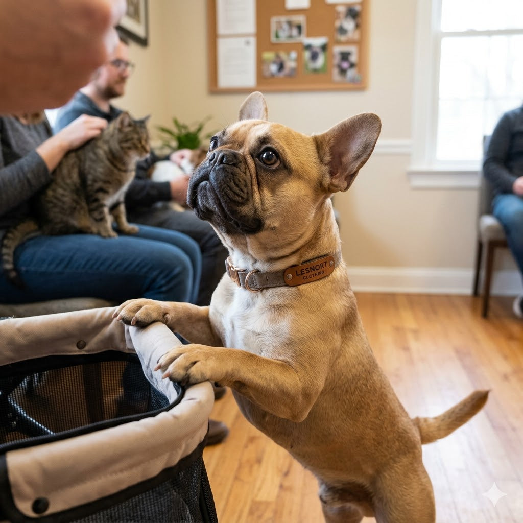 A 1:1 photograph in a cozy veterinary waiting room captures a fawn-colored French Bulldog, 'Gizmo', inside a pet carrier, with its paws on the edge, looking curious.