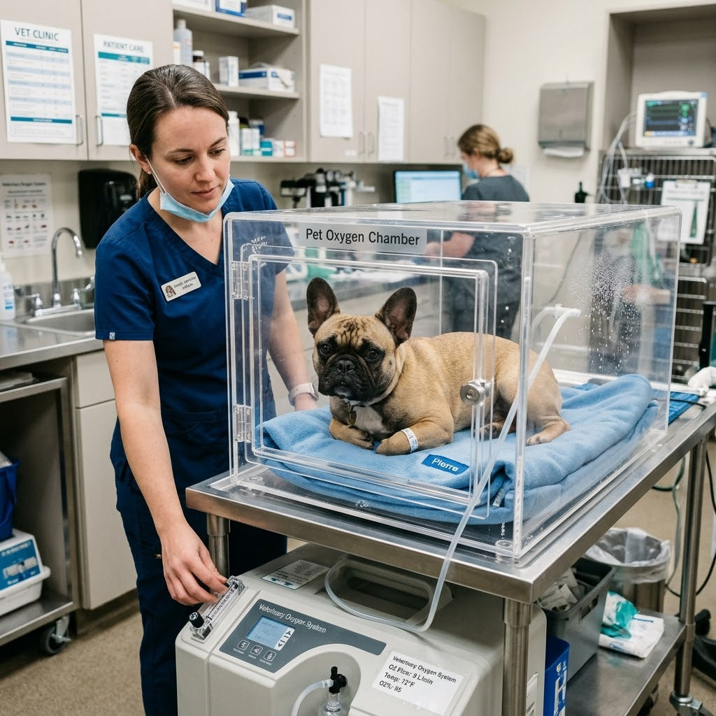 A fawn and black French Bulldog is resting on a blue blanket inside a transparent acrylic pet oxygen chamber in a vet's clinic.