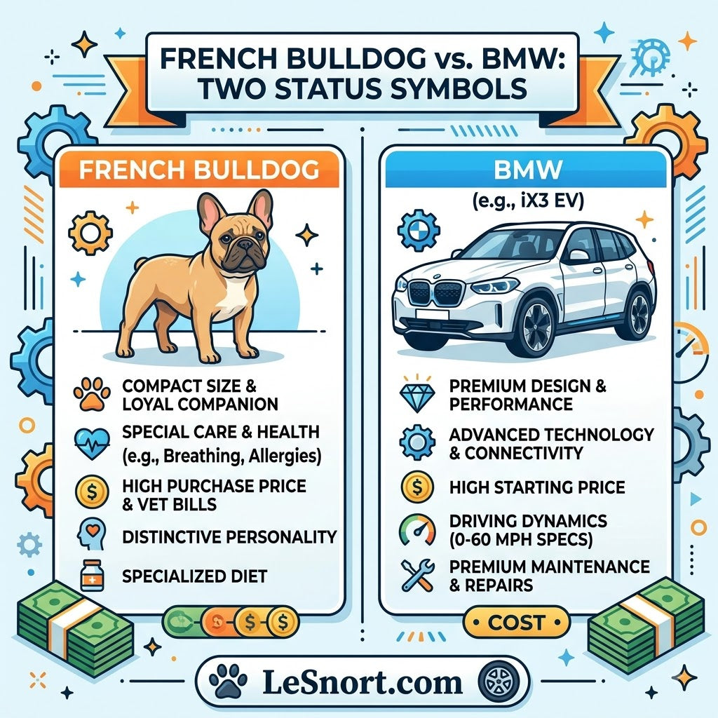 A 1:1 square info graphic image titled "FRENCH BULLDOG vs. BMW: TWO STATUS SYMBOLS".