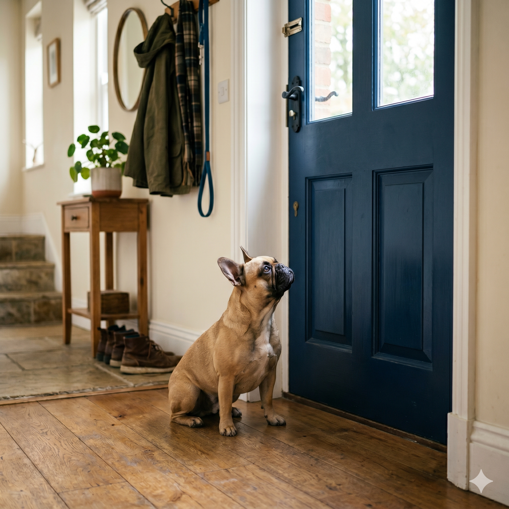 A patient fawn French Bulldog sits looking up at the handle while waiting for its owner to return home.