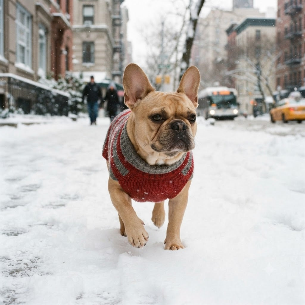 he dog wears a red and grey striped knitted sweater. Falling snowflakes and a blurred background of city brownstones.