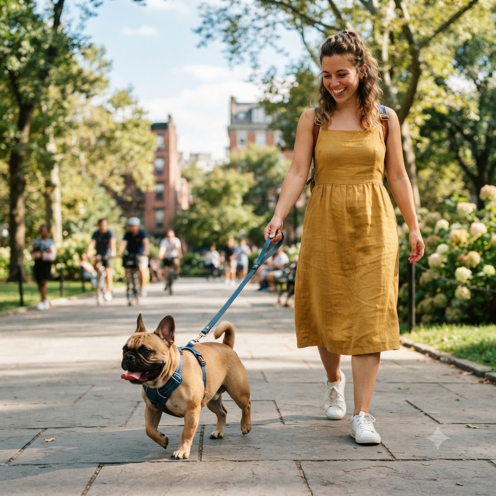 A smiling young woman with wavy brown hair, wearing a mustard-yellow linen sundress and white sneakers, walking happily down a sunlit park pathway.