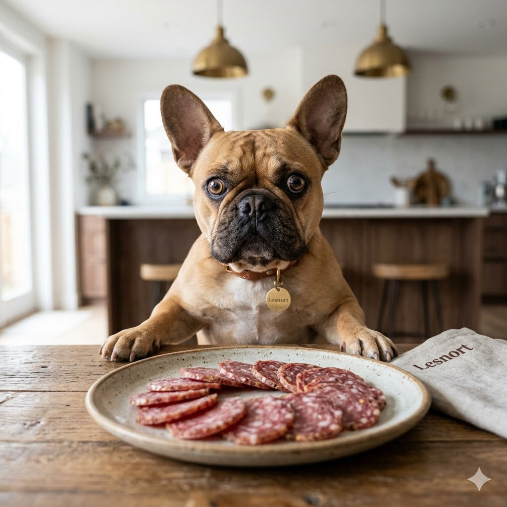 A close-up, square photograph captures a fawn French Bulldog with paws on a dining table, intensely looking at a plate of multiple authentic hard salami slices.