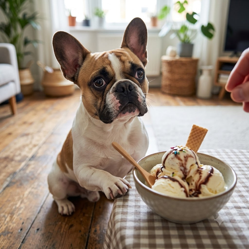 A piebald French Bulldog (Frenchie) sits on a wooden floor in a brightly lit living room, placing its front paw on a checkered tablecloth next to a bowl of ice cream.