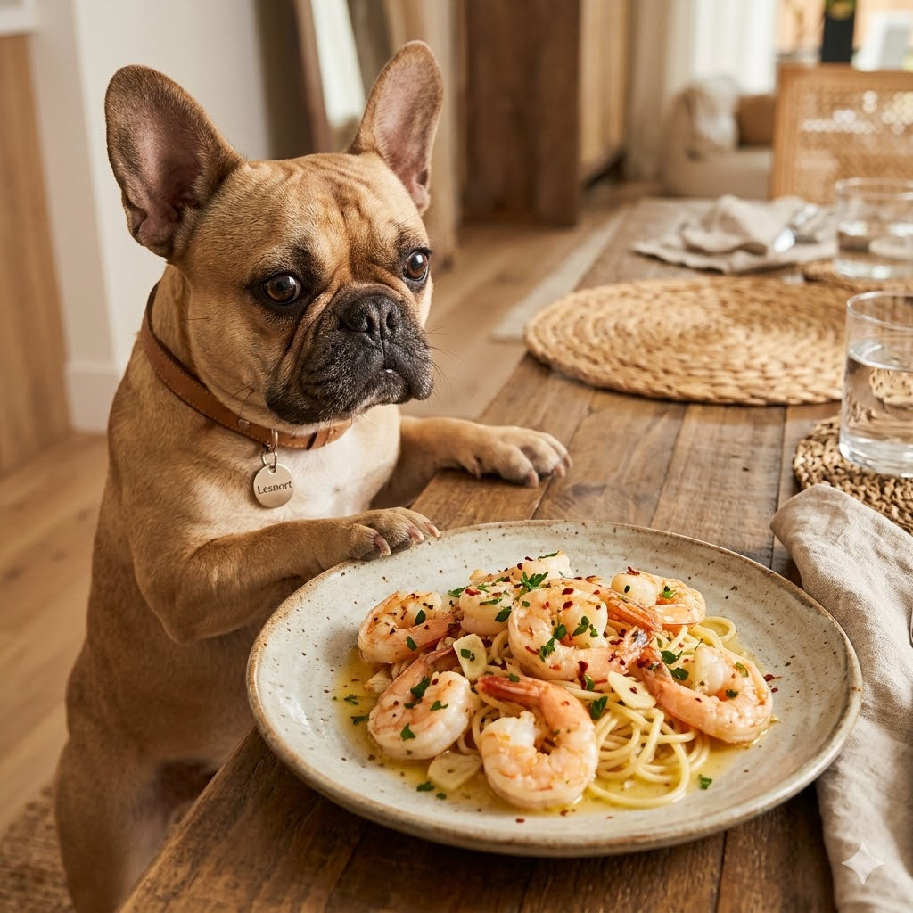 A fawn French Bulldog with its paws resting on a rustic wooden dining table, looking intently at a gourmet plate of garlic shrimp scampi pasta.