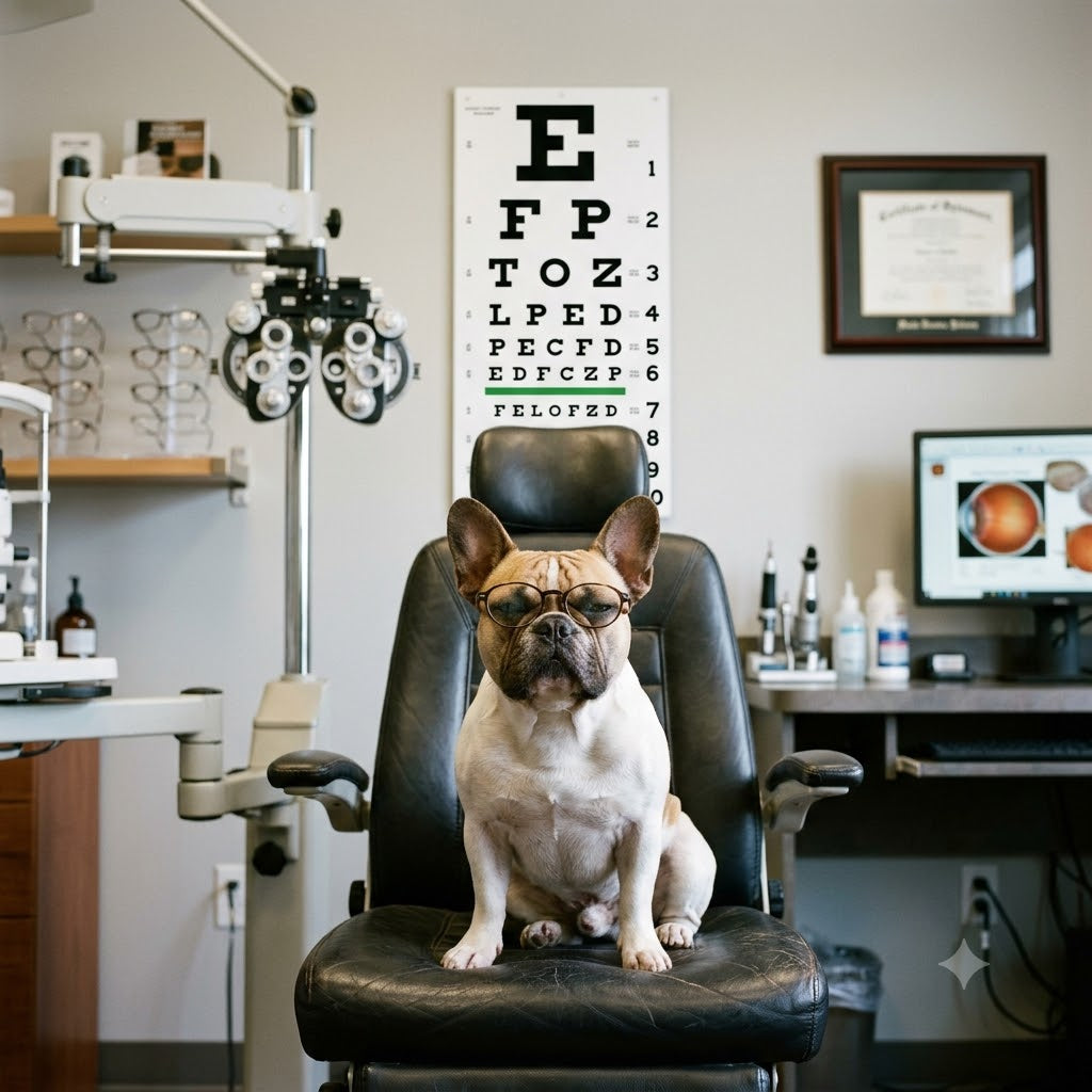 A 1:1 square photograph captures a French Bulldog wearing black-rimmed glasses, sitting upright in a black leather examination chair at an eye doctor's office.