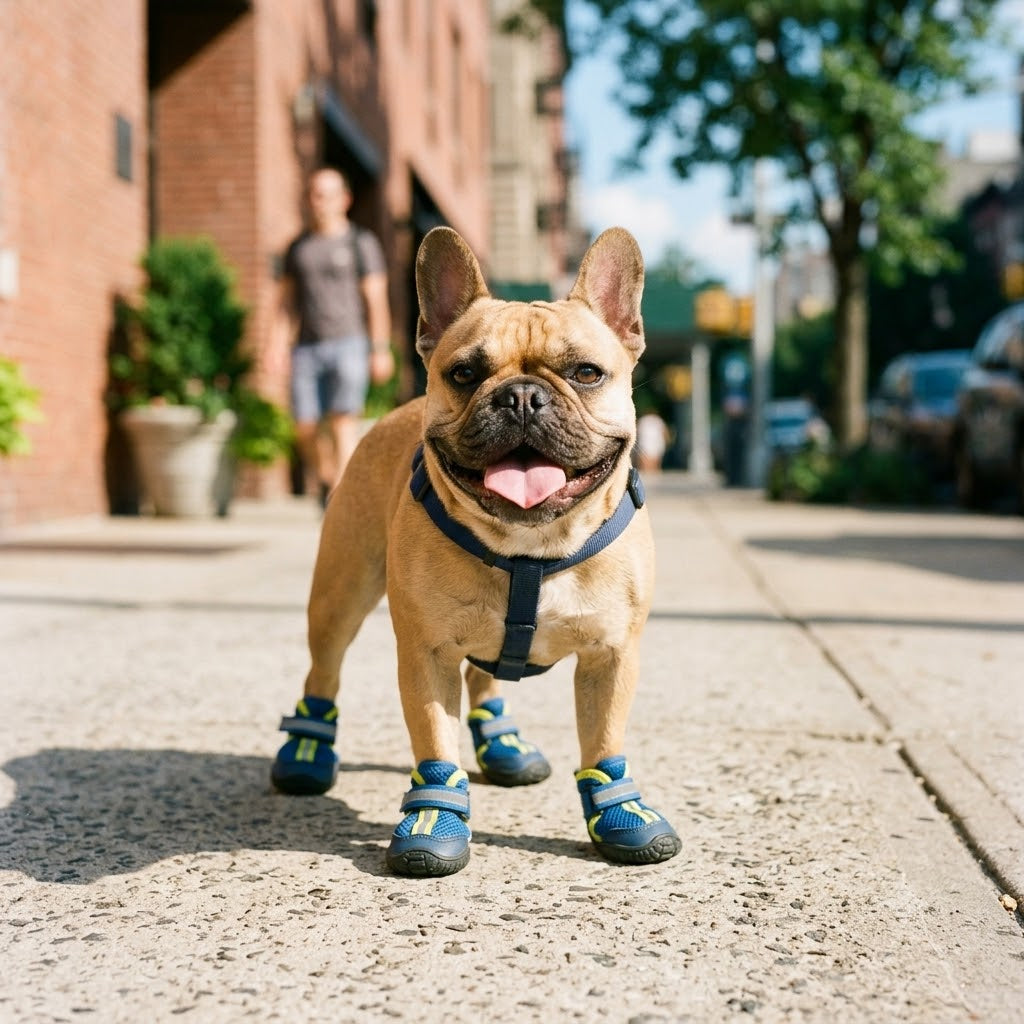 A fawn French Bulldog wearing a dark blue harness and protective blue and yellow dog booties on its paws stands on a sunny city sidewalk, looking at the camera and panting.