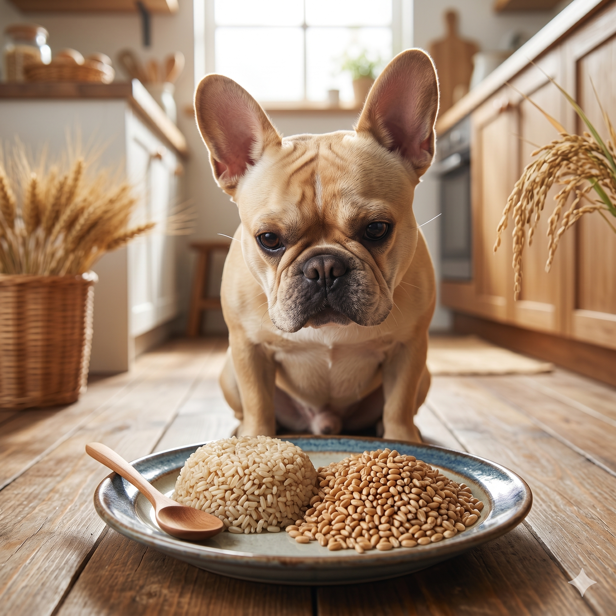 A fawn-colored French Bulldog sitting on a wooden kitchen floor, looking intently at a blue-rimmed ceramic plate filled with a mound of cooked brown rice and a pile of whole wheat kernels, with a small wooden spoon resting on the edge of the plate.