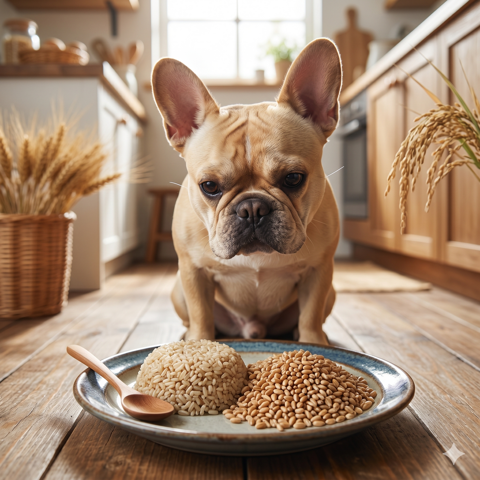 A fawn-colored French Bulldog sitting on a wooden kitchen floor, looking intently at a blue-rimmed ceramic plate filled with a mound of cooked brown rice and a pile of whole wheat kernels, with a small wooden spoon resting on the edge of the plate.