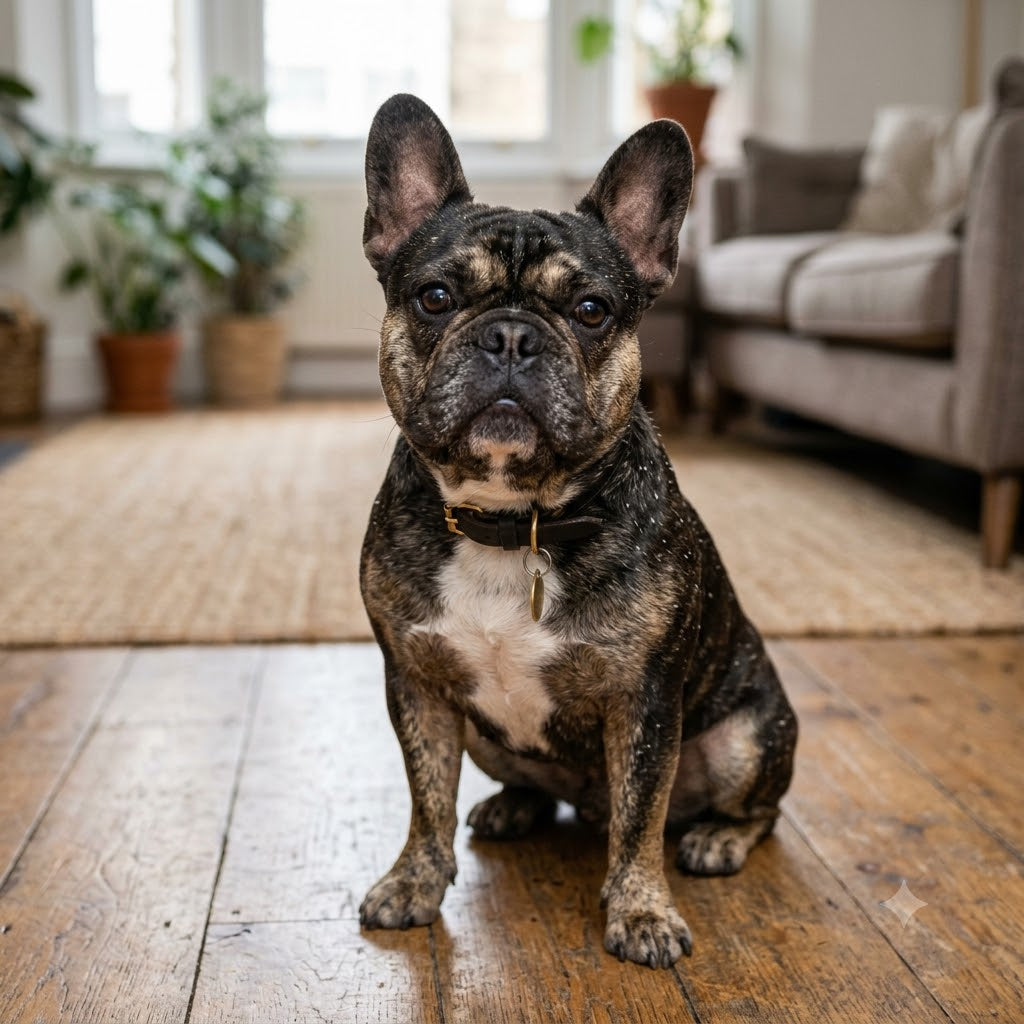 The dark fur of a French bulldog shows slight white flakes of dandruff visible along its back and shoulders.