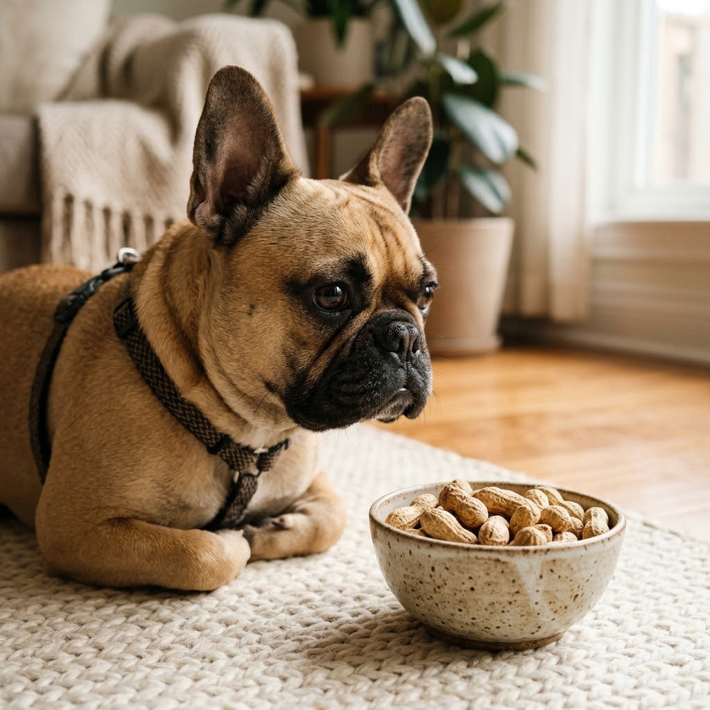 A fawn French Bulldog wearing a dark harness lies on a woven rug, looking attentively at a ceramic bowl filled with peanuts in their shells.