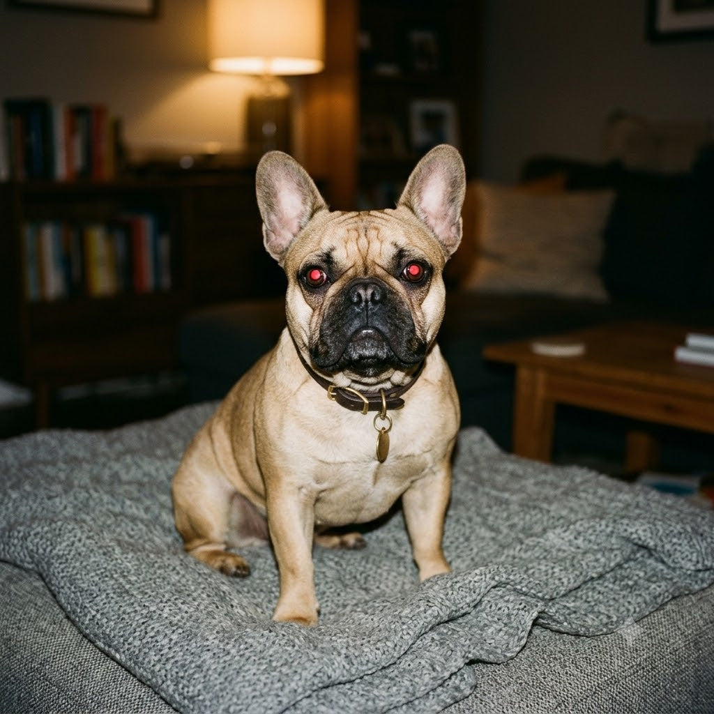 A 1:1 square photograph of a fawn-colored French Bulldog with red glowing eyes caused by camera flash, sitting on a textured grey blanket.