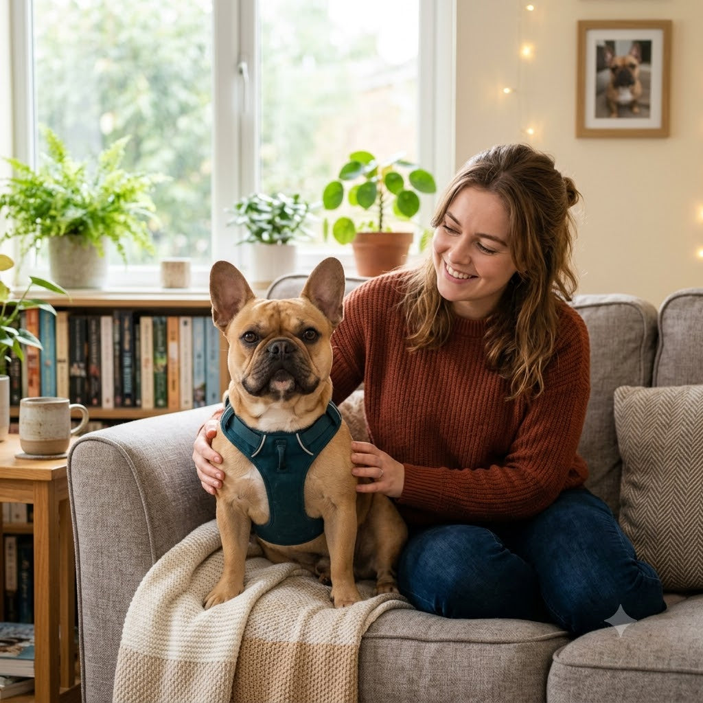 A candid indoor photograph of a young woman and her fawn French Bulldog. The woman, with brown hair and wearing a rust-orange knit sweater and blue jeans.