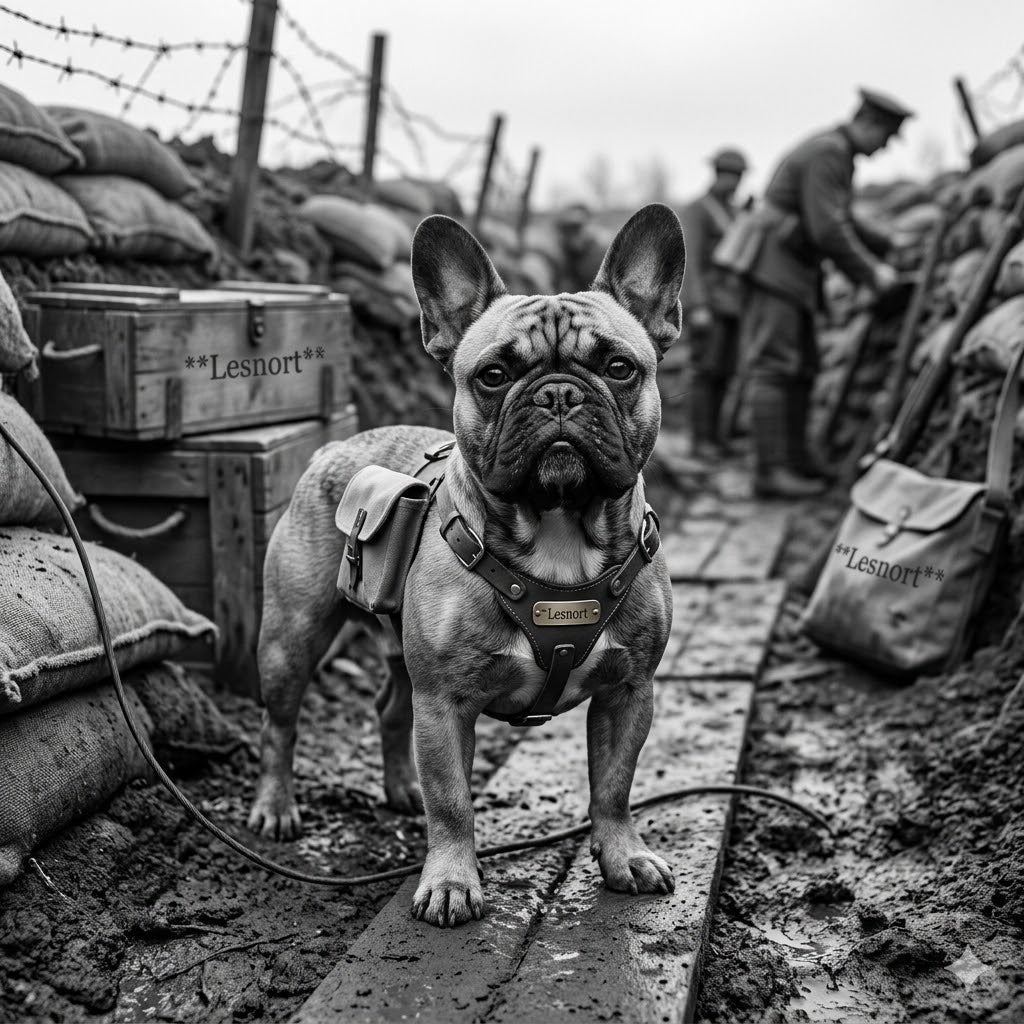 A fictitious historical black and white 1:1 photograph in a muddy trench of World War 1 shows a focused French Bulldog wearing a small customized harness