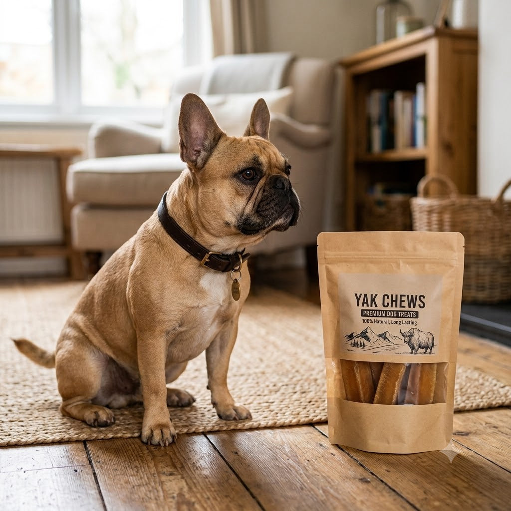 A 1:1 photograph of a tan French Bulldog wearing a brown leather collar, sitting on a jute rug next to a brown paper bag labeled 'Generic Yak Chews'.