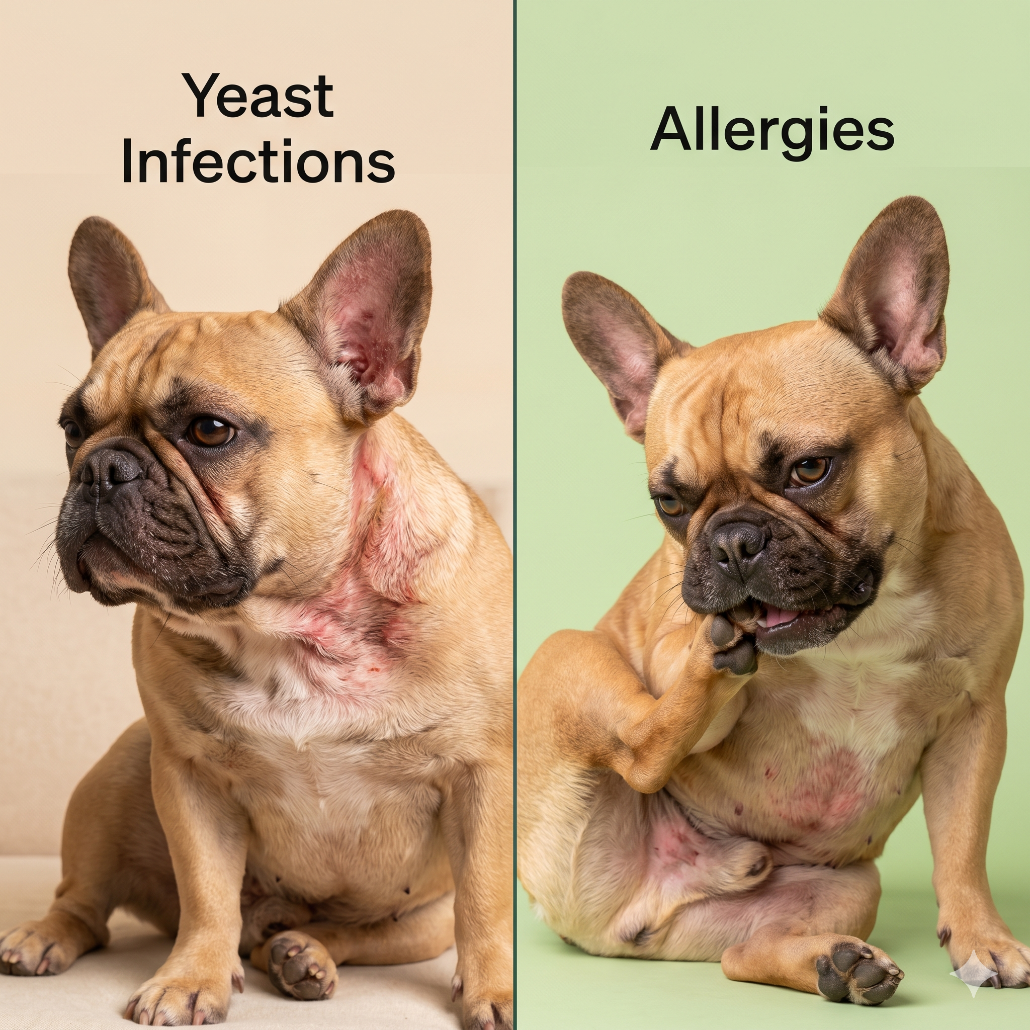 A side-by-side visual comparison of two fawn French Bulldogs displaying common skin conditions. The left side, titled "Yeast Infections," shows a Frenchie with bright red, inflamed skin spreading across its neck and chest.