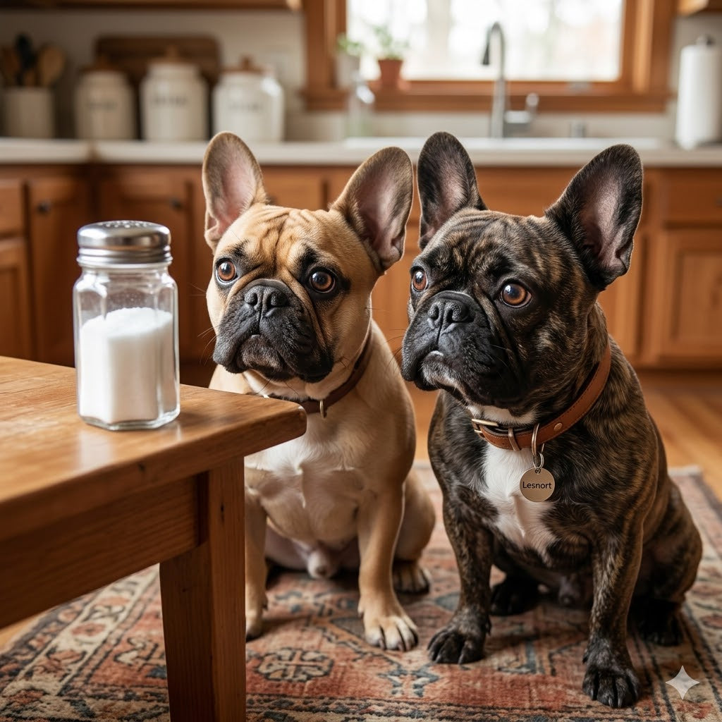 Two French Bulldogs, one fawn and one brindle, are sitting close together in a warm, wooden-toned kitchen setting, intensely gazing at a single, clear glass salt shaker placed on a small table in the foreground.