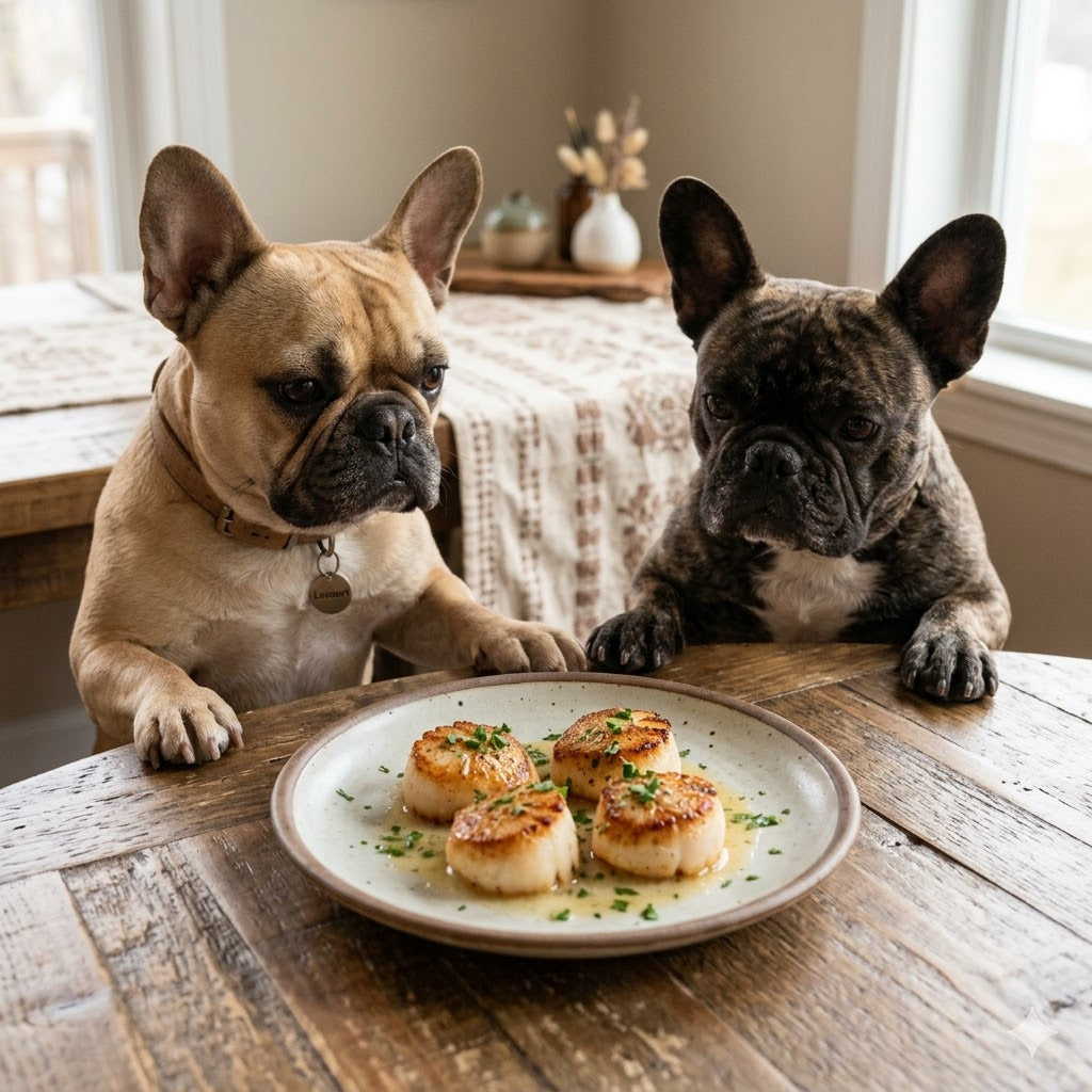 Two French Bulldogs, one fawn and one brindle, stand on their hind legs with front paws on a rustic wooden dining table, intensely gazing at a ceramic plate with four seared scallops.
