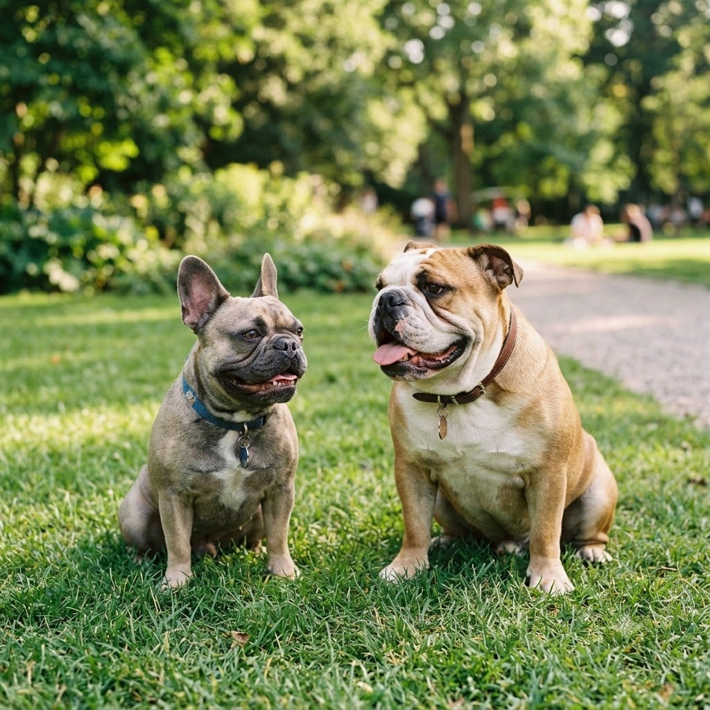 A 1:1 square photograph of a French Bulldog (left, seated, fawn coat, alert bat ears) and an English Bulldog (right, seated, fawn and white coat, happy expression).